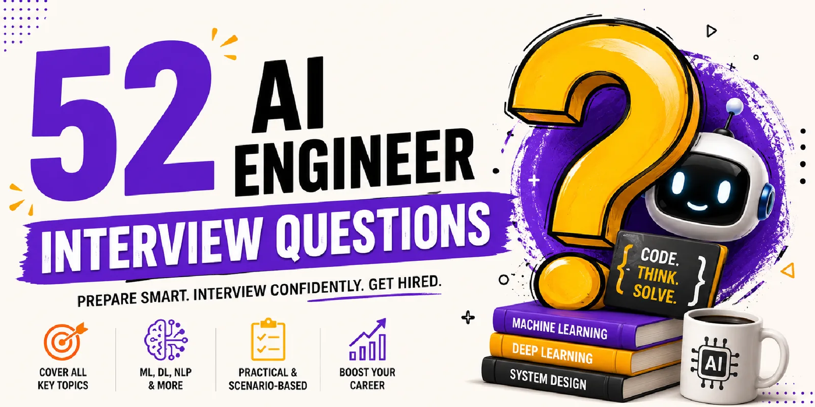 Cover reading '52 AI Engineer Interview Questions: prepare smart, interview confidently, get hired', with a large question mark, a small robot and books labeled machine learning, deep learning and system design.