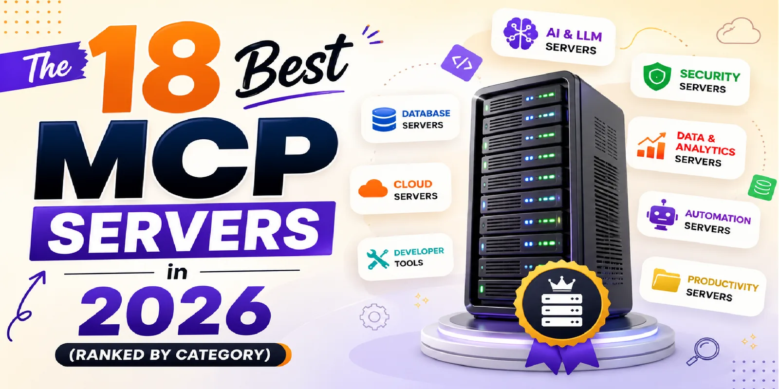 Cover reading 'The 18 Best MCP Servers in 2026 (Ranked by Category)', with a server tower surrounded by labels for database, cloud, developer tools, AI and LLM, security, data and analytics, automation and productivity servers.