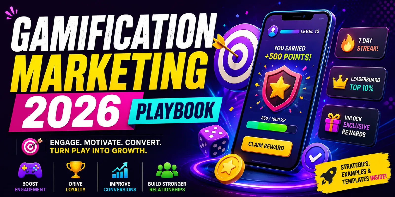 Webxhives 2026 gamification marketing playbook cover. A phone mockup showing a points reward, an XP progress bar and a Claim Reward button, surrounded by a dartboard, dice and coins, with cards for a seven-day streak, a leaderboard place and unlockable rewards.