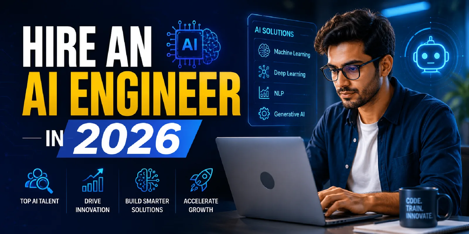 Cover reading 'Hire an AI Engineer in 2026', showing an engineer at a laptop beside a panel listing machine learning, deep learning, NLP and generative AI.
