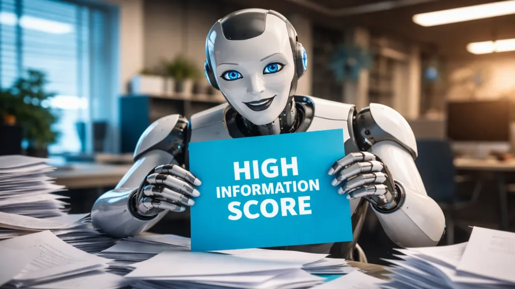 A humanoid robot representing an AI search algorithm selects a unique blue document labeled 'HIGH INFORMATION SCORE' from a pile of messy, identical white papers, visualizing how search engines filter out content redundancy and prioritize novel data vectors.