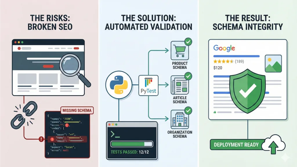 A three-panel infographic titled 'SEO Unit Testing Workflow.' Panel 1 (The Risks) Shows a web browser with a broken link icon and a code snippet containing red syntax errors, representing broken Schema. Panel 2 (The Soluti